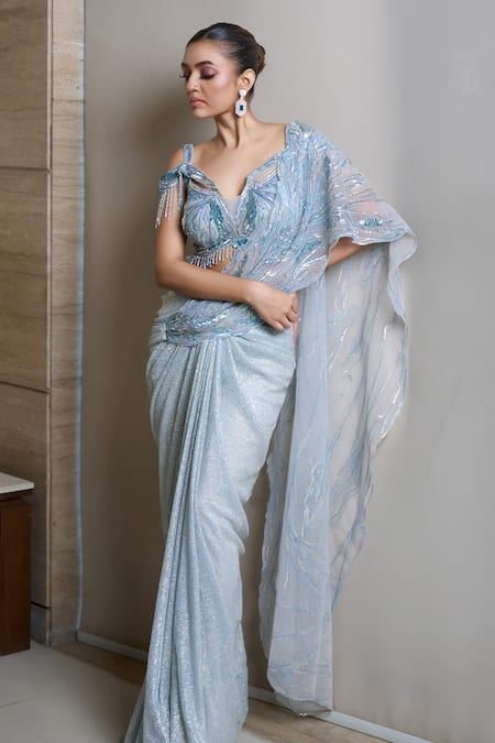 Presto Couture_Gold Lycra Crystals, Sequins, Beads V-neck Embellished Pre-draped Saree Set _Online_at_Aza_Fashions