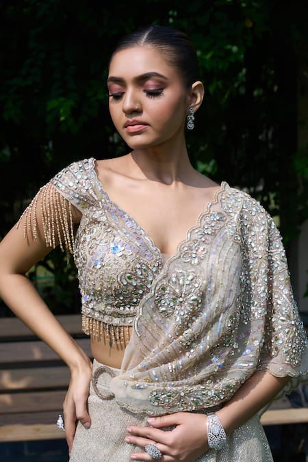 Presto Couture_Grey Lycra Crystals, Sequins, Embroidery, Beads Hand Draped Lehenga Saree Set _Online_at_Aza_Fashions