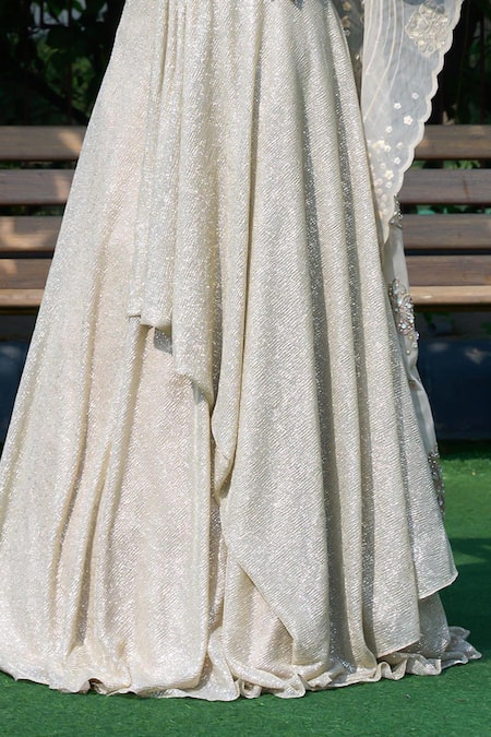 Buy_Presto Couture_Grey Lycra Crystals, Sequins, Embroidery, Beads Hand Draped Lehenga Saree Set _Online_at_Aza_Fashions