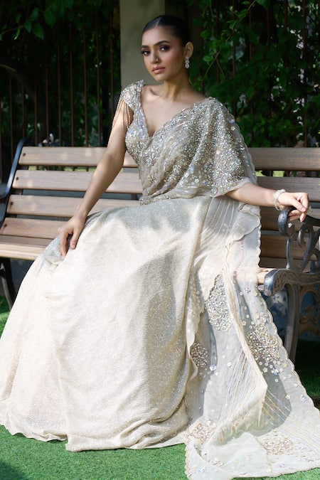 Presto Couture Hand Embroidered Draped Lehenga Saree Set 