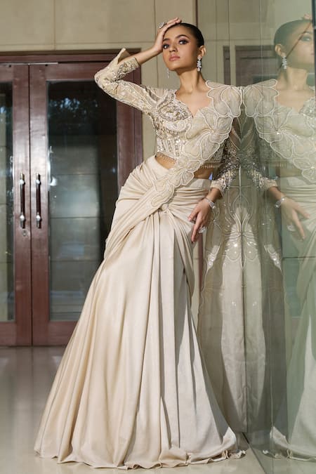 Presto Couture Crystal Embroidered Pre-Draped Saree With Blouse 