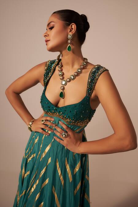 Buy_Jyoti Sachdev Iyer_Green Chanderi Beads, Stones, Foil Printing Scoop Neck Anarkali And Palazzo Set _Online_at_Aza_Fashions