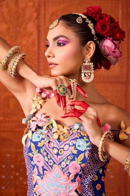 Rajbinder Chahal_Blue Dupion, Silk Mirrors, Embroidery, Applique, Fabric Flowers And Lehenga Set _Online_at_Aza_Fashions