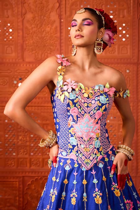 Buy_Rajbinder Chahal_Blue Dupion, Silk Mirrors, Embroidery, Applique, Fabric Flowers And Lehenga Set _Online_at_Aza_Fashions
