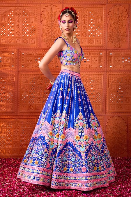 Buy_Rajbinder Chahal_Blue Dupion, Silk Embroidery, Mirrors, Applique, Sequins And Lehenga Set _Online_at_Aza_Fashions