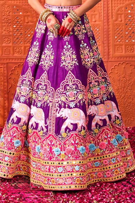 Buy_Rajbinder Chahal_Purple Dupion, Silk Embroidery, Mirrors, Applique, Elephant Lehenga Blouse Set _Online_at_Aza_Fashions