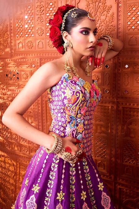 Rajbinder Chahal_Purple Dupion, Silk Embroidery, Mirrors, Zari, Applique And Lehenga Set _Online_at_Aza_Fashions