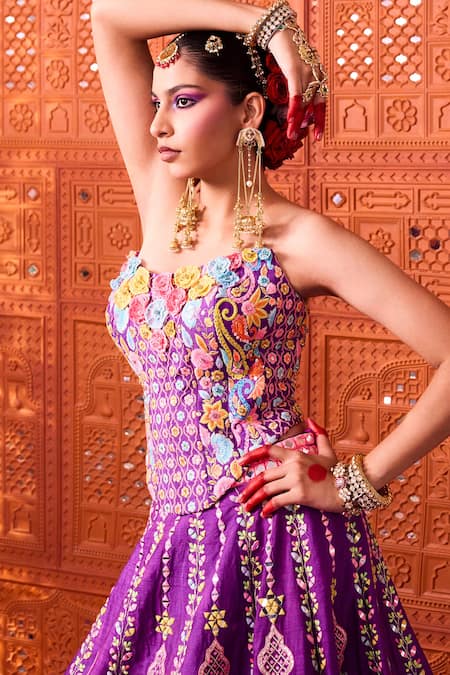 Buy_Rajbinder Chahal_Purple Dupion, Silk Embroidery, Mirrors, Zari, Applique And Lehenga Set _Online_at_Aza_Fashions
