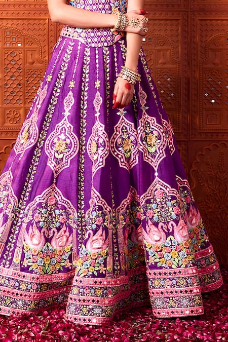 Shop_Rajbinder Chahal_Purple Dupion, Silk Embroidery, Mirrors, Zari, Applique And Lehenga Set _Online_at_Aza_Fashions