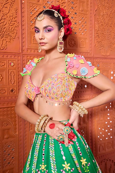 Buy_Rajbinder Chahal_Green Dupion, Silk Embroidery, Mirrors, Applique, Fabric And Lehenga Blouse Set _Online_at_Aza_Fashions