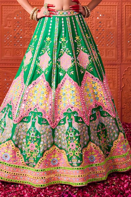 Shop_Rajbinder Chahal_Green Dupion, Silk Embroidery, Mirrors, Applique, Fabric And Lehenga Blouse Set _Online_at_Aza_Fashions