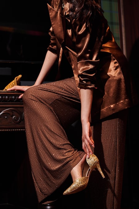 Sonam Parmar Jhawar_Brown Cotton, Silk, Lycra Crystals V-neck Tira Embellished Blazer And Pant Set _Online_at_Aza_Fashions