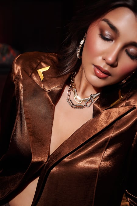 Buy_Sonam Parmar Jhawar_Brown Cotton, Silk, Lycra Crystals V-neck Tira Embellished Blazer And Pant Set _Online_at_Aza_Fashions