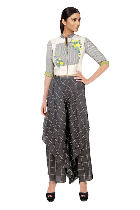 Buy Soup By Sougat Paul White Crepe Floral, Checks Band Collar Jacket With Grey Palazzos at Aza Fashions Buy_Soup By Sougat Paul_White Crepe Floral, Checks Band Collar Jacket With Grey Palazzos _at_Aza_Fashions