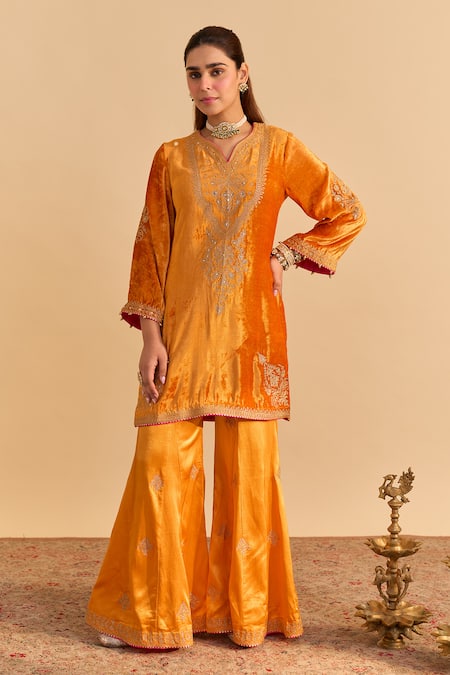 Buy_Sheetal Batra_Orange Velvet, Silk, Tissue Embroidery, Pearls, Nooren Kurta Palazzo Set 