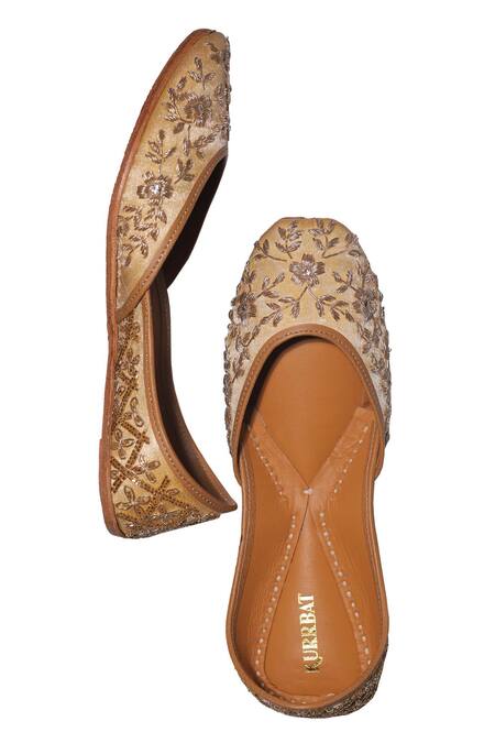 Shop_Kurrbat_Gold Ruhi Floral Hand Embroidered Jutti _Online_at_Aza_Fashions