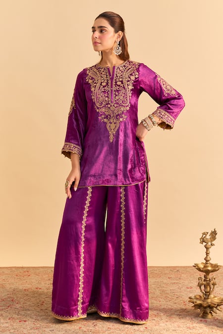 Shop_Sheetal Batra_Purple Velvet, Silk, Tissue Embroidery, Pearls, Aroob Kurta Sharara Set _Online_at_Aza_Fashions