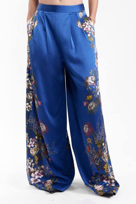 AK-OK_Blue Silk Tailored Printed Trouser _Online_at_Aza_Fashions