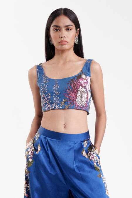 Shop_AK-OK_Blue Silk Tailored Printed Trouser _Online_at_Aza_Fashions