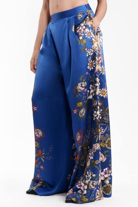 AK-OK_Blue Silk Tailored Printed Trouser _at_Aza_Fashions