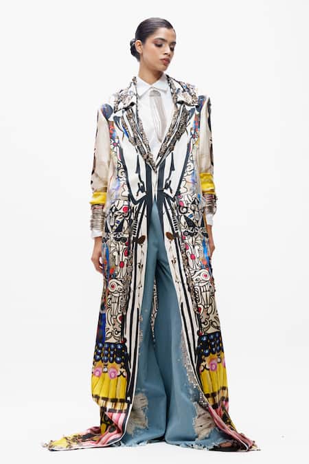 AK-OK_Blue Silk Embroidery, Beads, Sequins Collared, V-neck Tribal Printed Long Jacket _Online_at_Aza_Fashions