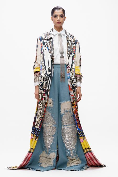 Shop_AK-OK_Blue Silk Embroidery, Beads, Sequins Collared, V-neck Tribal Printed Long Jacket _Online_at_Aza_Fashions