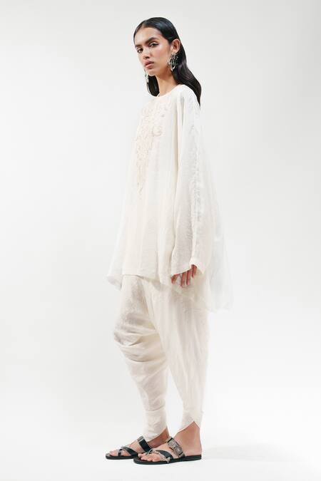 AK-OK_Ivory Silk Embroidery Round Neck Short Kaftan _Online_at_Aza_Fashions