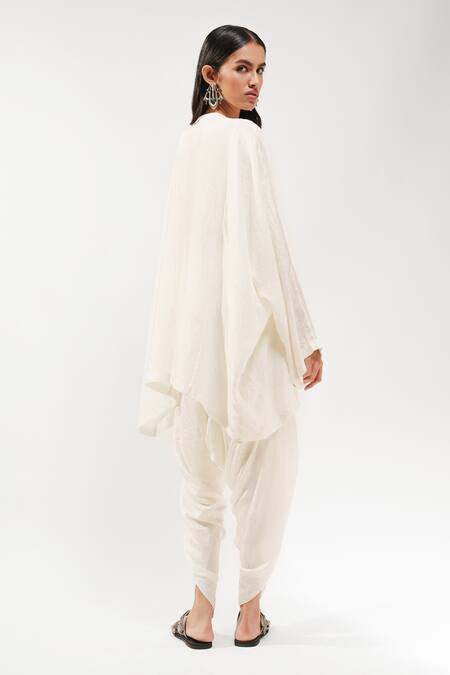 Buy_AK-OK_Ivory Silk Embroidery Round Neck Short Kaftan _Online_at_Aza_Fashions