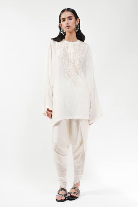Shop_AK-OK_Ivory Silk Embroidery Round Neck Short Kaftan _Online_at_Aza_Fashions