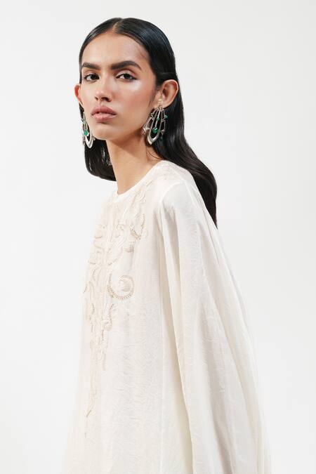 AK-OK_Ivory Silk Embroidery Round Neck Short Kaftan _at_Aza_Fashions