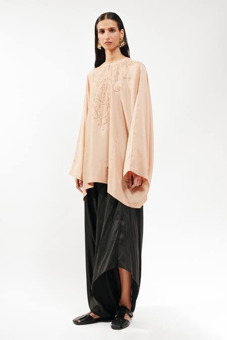 AK-OK Beige Silk Embroidery Round Neck Short Kaftan Online at Aza Fashions AK-OK_Beige Silk Embroidery Round Neck Short Kaftan _Online_at_Aza_Fashions