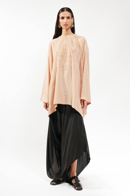 Buy AK-OK Beige Silk Embroidery Round Neck Short Kaftan Online at Aza Fashions Buy_AK-OK_Beige Silk Embroidery Round Neck Short Kaftan _Online_at_Aza_Fashions