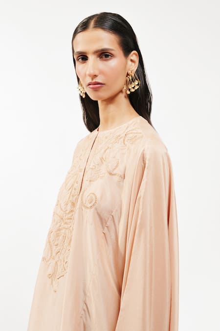 AK-OK Beige Silk Embroidery Round Neck Short Kaftan at Aza Fashions AK-OK_Beige Silk Embroidery Round Neck Short Kaftan _at_Aza_Fashions