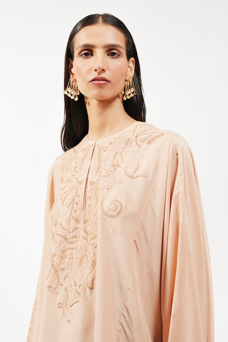 Buy AK-OK Beige Silk Embroidery Round Neck Short Kaftan Buy_AK-OK_Beige Silk Embroidery Round Neck Short Kaftan