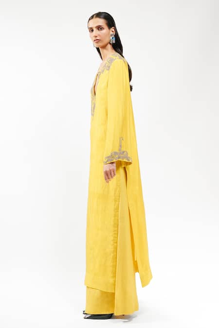 AK-OK_Yellow Silk Embroidery, Stones Split V-neck Long Kurta And Trouser Set _Online_at_Aza_Fashions