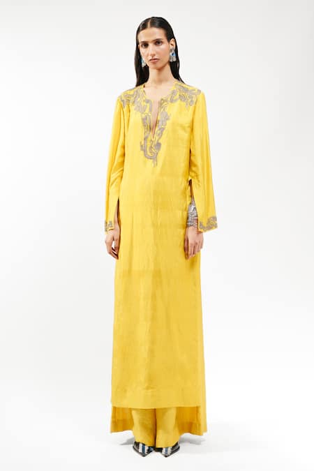 Buy_AK-OK_Yellow Silk Embroidery, Stones Split V-neck Long Kurta And Trouser Set _Online_at_Aza_Fashions