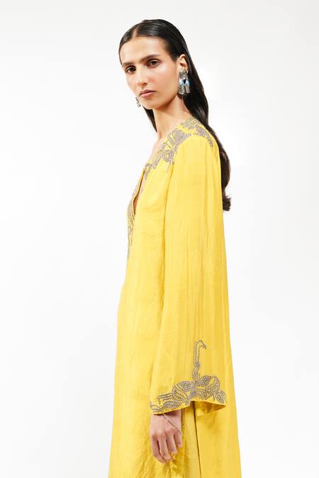 Shop_AK-OK_Yellow Silk Embroidery, Stones Split V-neck Long Kurta And Trouser Set _Online_at_Aza_Fashions