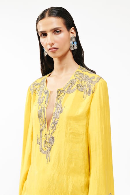 Buy_AK-OK_Yellow Silk Embroidery, Stones Split V-neck Long Kurta And Trouser Set 