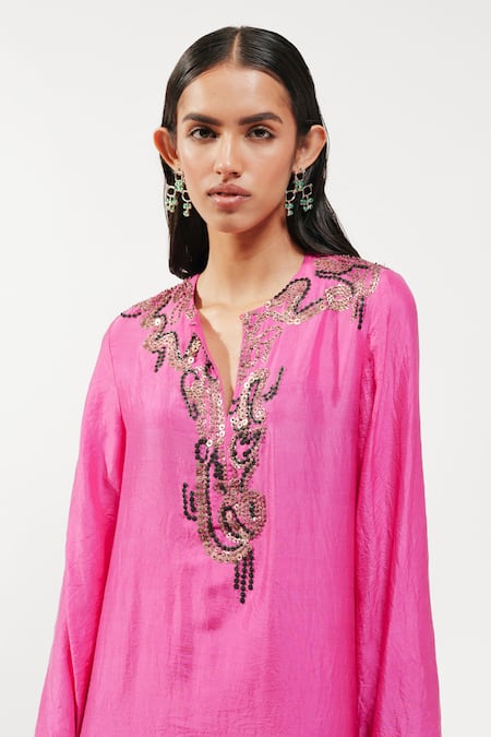 AK-OK_Fuchsia Silk Sequins, Embroidery Split V-neck Long Kurta And Trouser Set _Online_at_Aza_Fashions