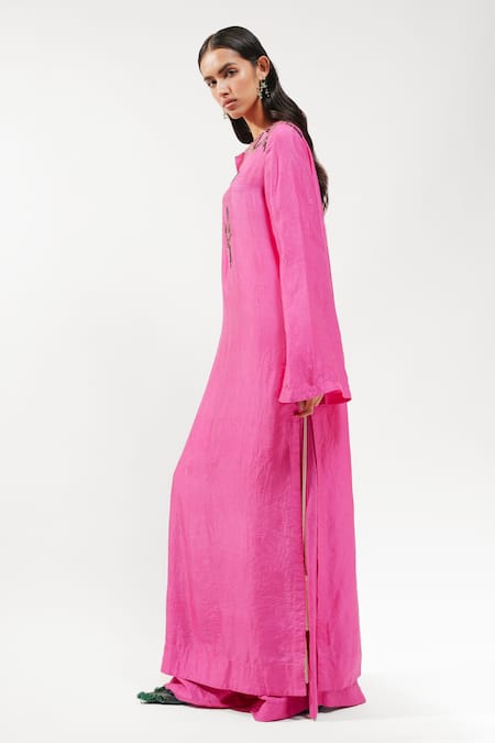 Buy_AK-OK_Fuchsia Silk Sequins, Embroidery Split V-neck Long Kurta And Trouser Set _Online_at_Aza_Fashions