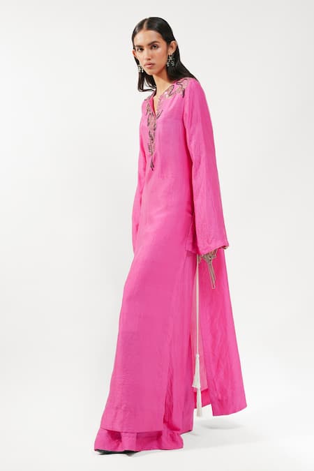 Shop_AK-OK_Fuchsia Silk Sequins, Embroidery Split V-neck Long Kurta And Trouser Set _Online_at_Aza_Fashions