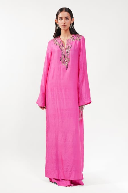 AK-OK_Fuchsia Silk Sequins, Embroidery Split V-neck Long Kurta And Trouser Set _at_Aza_Fashions