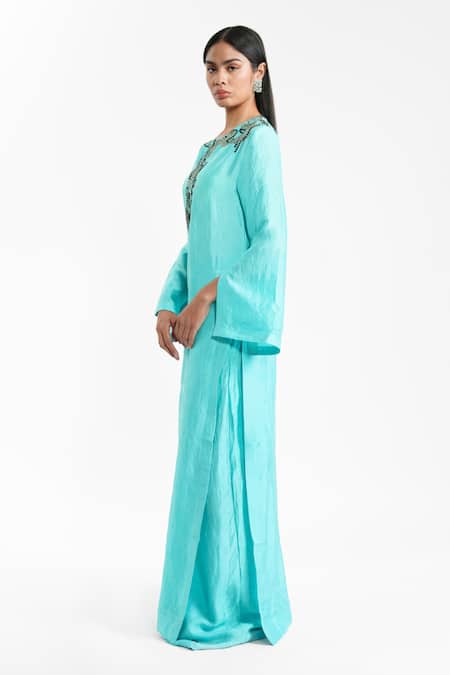 AK-OK_Aqua Silk Beads, Sequins, Embroidery Split V-neck Long Kurta And Trouser Set _Online_at_Aza_Fashions