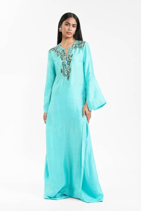 Buy_AK-OK_Aqua Silk Beads, Sequins, Embroidery Split V-neck Long Kurta And Trouser Set _Online_at_Aza_Fashions