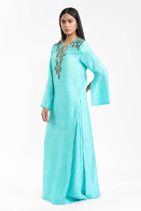 Shop_AK-OK_Aqua Silk Beads, Sequins, Embroidery Split V-neck Long Kurta And Trouser Set _Online_at_Aza_Fashions