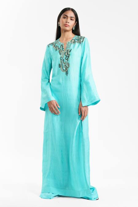 AK-OK_Aqua Silk Beads, Sequins, Embroidery Split V-neck Long Kurta And Trouser Set _at_Aza_Fashions