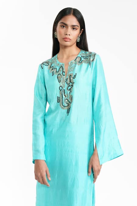 Buy_AK-OK_Aqua Silk Beads, Sequins, Embroidery Split V-neck Long Kurta And Trouser Set 