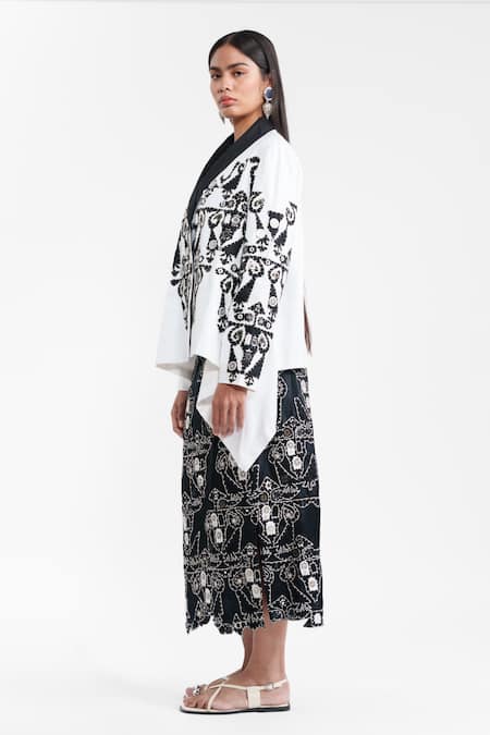 AK-OK_White Cotton Applique, Sequins, Beads V-neck Wrap Jacket With Skirt _Online_at_Aza_Fashions