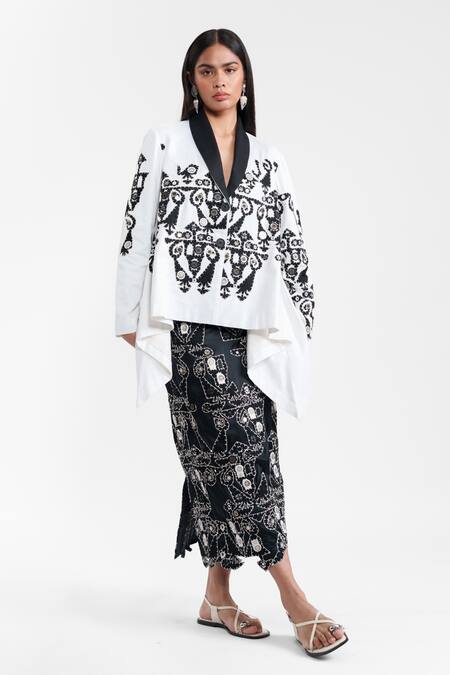 Buy_AK-OK_White Cotton Applique, Sequins, Beads V-neck Wrap Jacket With Skirt _Online_at_Aza_Fashions