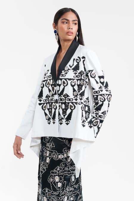 Shop_AK-OK_White Cotton Applique, Sequins, Beads V-neck Wrap Jacket With Skirt _Online_at_Aza_Fashions